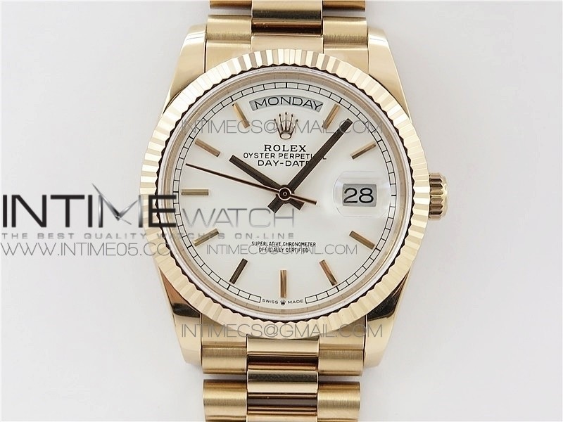 Day-Date 36 128239 RG BP Best Edition White Sticks Markers Dial on RG President Bracelet A2836