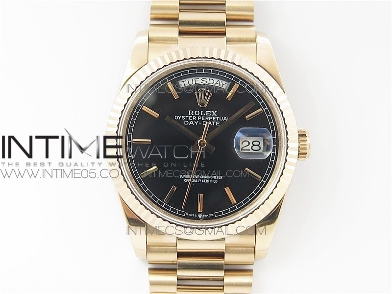 Day-Date 36 128239 RG BP Best Edition Black Sticks Markers Dial on RG President Bracelet A2836