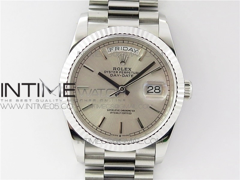 Day-Date 36 128239 SS BP Best Edition Silver Sticks Markers Dial on SS President Bracelet A2836