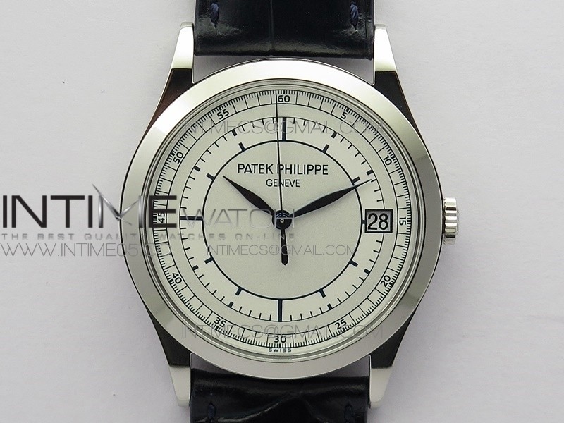 Calatrava 5296G SS ZF 1:1 Best Edition White Dial Blue Hands on Dark Navy Blue Leather Strap 324CS