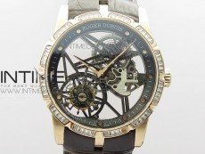 Excalibur Rddbex0393 RG Crystals Bezel BBR Best Edition Skeleton Dial on Brown Leather Strap A2136 Tourbillon V2