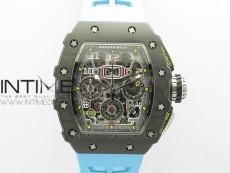 RM011 Carbon Case Chrono KVF 1:1 Best Edition Crystal Skeleton Yellow Dial on Blue Rubber Strap A7750 V2