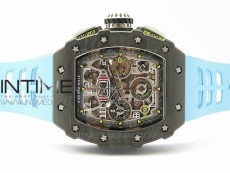 RM011 Carbon Case Chrono KVF 1:1 Best Edition Crystal Skeleton Yellow Dial on Blue Rubber Strap A7750 V2