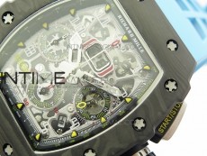 RM011 Carbon Case Chrono KVF 1:1 Best Edition Crystal Skeleton Yellow Dial on Blue Rubber Strap A7750 V2
