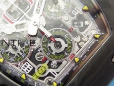 RM011 Carbon Case Chrono KVF 1:1 Best Edition Crystal Skeleton Yellow Dial on Blue Rubber Strap A7750 V2