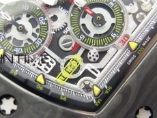 RM011 Carbon Case Chrono KVF 1:1 Best Edition Crystal Skeleton Yellow Dial on Blue Rubber Strap A7750 V2