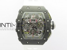 RM011 Carbon Case Chrono KVF 1:1 Best Edition Crystal Skeleton Yellow Dial on White Rubber Strap A7750 V2