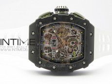 RM011 Carbon Case Chrono KVF 1:1 Best Edition Crystal Skeleton Yellow Dial on White Rubber Strap A7750 V2