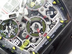 RM011 Carbon Case Chrono KVF 1:1 Best Edition Crystal Skeleton Yellow Dial on White Rubber Strap A7750 V2