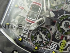 RM011 Carbon Case Chrono KVF 1:1 Best Edition Crystal Skeleton Yellow Dial on White Rubber Strap A7750 V2