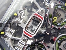 RM011 Carbon Case Chrono KVF 1:1 Best Edition Crystal Skeleton Yellow Dial on White Rubber Strap A7750 V2