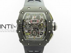 RM011 Carbon Case Chrono KVF 1:1 Best Edition Crystal Skeleton Yellow Dial on Black Rubber Strap A7750 V2