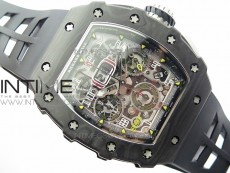 RM011 Carbon Case Chrono KVF 1:1 Best Edition Crystal Skeleton Yellow Dial on Black Rubber Strap A7750 V2