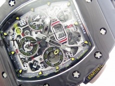 RM011 Carbon Case Chrono KVF 1:1 Best Edition Crystal Skeleton Yellow Dial on Black Rubber Strap A7750 V2