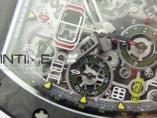 RM011 Carbon Case Chrono KVF 1:1 Best Edition Crystal Skeleton Yellow Dial on Black Rubber Strap A7750 V2