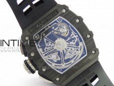 RM011 Carbon Case Chrono KVF 1:1 Best Edition Crystal Skeleton Yellow Dial on Black Rubber Strap A7750 V2