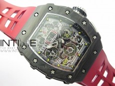 RM011 Carbon Case Chrono KVF 1:1 Best Edition Crystal Skeleton Yellow Dial on Red Rubber Strap A7750 V2