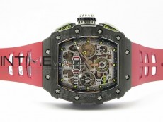 RM011 Carbon Case Chrono KVF 1:1 Best Edition Crystal Skeleton Yellow Dial on Red Rubber Strap A7750 V2