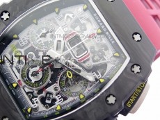 RM011 Carbon Case Chrono KVF 1:1 Best Edition Crystal Skeleton Yellow Dial on Red Rubber Strap A7750 V2