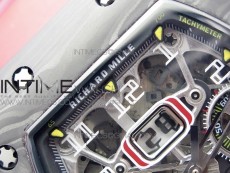 RM011 Carbon Case Chrono KVF 1:1 Best Edition Crystal Skeleton Yellow Dial on Red Rubber Strap A7750 V2