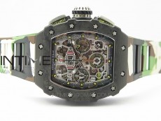 RM011 Carbon Case Chrono KVF 1:1 Best Edition Crystal Skeleton Yellow Dial on Camo Rubber Strap A7750 V2