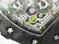 RM011 Carbon Case Chrono KVF 1:1 Best Edition Crystal Skeleton Yellow Dial on Camo Rubber Strap A7750 V2