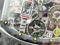 RM011 Carbon Case Chrono KVF 1:1 Best Edition Crystal Skeleton Yellow Dial on Camo Rubber Strap A7750 V2