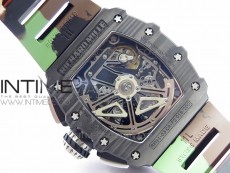 RM011 Carbon Case Chrono KVF 1:1 Best Edition Crystal Skeleton Yellow Dial on Camo Rubber Strap A7750 V2
