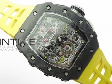 RM011 Carbon Case Chrono KVF 1:1 Best Edition Crystal Skeleton Yellow Dial on Yellow Rubber Strap A7750 V2