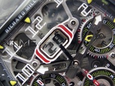 RM011 Carbon Case Chrono KVF 1:1 Best Edition Crystal Skeleton Yellow Dial on Yellow Rubber Strap A7750 V2