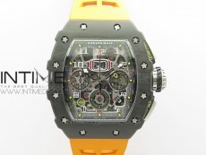 RM011 Carbon Case Chrono KVF 1:1 Best Edition Crystal Skeleton Yellow Dial on Orange Rubber Strap A7750 V2