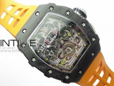 RM011 Carbon Case Chrono KVF 1:1 Best Edition Crystal Skeleton Yellow Dial on Orange Rubber Strap A7750 V2