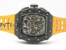 RM011 Carbon Case Chrono KVF 1:1 Best Edition Crystal Skeleton Yellow Dial on Orange Rubber Strap A7750 V2
