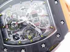RM011 Carbon Case Chrono KVF 1:1 Best Edition Crystal Skeleton Yellow Dial on Orange Rubber Strap A7750 V2