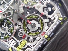 RM011 Carbon Case Chrono KVF 1:1 Best Edition Crystal Skeleton Yellow Dial on Orange Rubber Strap A7750 V2