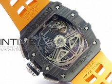 RM011 Carbon Case Chrono KVF 1:1 Best Edition Crystal Skeleton Yellow Dial on Orange Rubber Strap A7750 V2