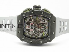 RM011 Carbon Case Chrono KVF 1:1 Best Edition Crystal Skeleton Yellow Dial on Gray Rubber Strap A7750 V2