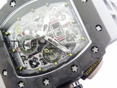 RM011 Carbon Case Chrono KVF 1:1 Best Edition Crystal Skeleton Yellow Dial on Gray Rubber Strap A7750 V2