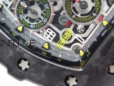RM011 Carbon Case Chrono KVF 1:1 Best Edition Crystal Skeleton Yellow Dial on Gray Rubber Strap A7750 V2
