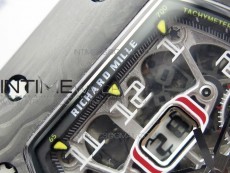 RM011 Carbon Case Chrono KVF 1:1 Best Edition Crystal Skeleton Yellow Dial on Gray Rubber Strap A7750 V2