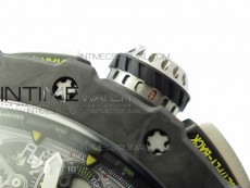 RM011 Carbon Case Chrono KVF 1:1 Best Edition Crystal Skeleton Yellow Dial on Gray Rubber Strap A7750 V2