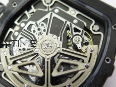 RM011 Carbon Case Chrono KVF 1:1 Best Edition Crystal Skeleton Yellow Dial on Gray Rubber Strap A7750 V2