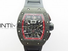 RM011 Carbon Case Carbon Bezel Chronograph KVF 1:1 Best Edition Skeleton Dial(Red Inner Bezel) on Black Rubber Strap A7750