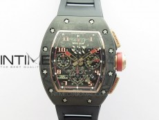 RM011 RG Case Carbon Bezel Chronograph KVF 1:1 Best Edition Skeleton Dial Red/RG on Black Rubber Strap A7750