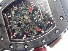 RM011 RG Case Carbon Bezel Chronograph KVF 1:1 Best Edition Skeleton Dial Red/RG on Black Rubber Strap A7750