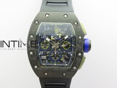 RM011 Titanium Case Carbon Bezel Chronograph KVF 1:1 Best Edition Skeleton Dial Blue Crown on Black Rubber Strap A7750