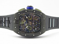 RM011 Titanium Case Carbon Bezel Chronograph KVF 1:1 Best Edition Skeleton Dial Blue Crown on Black Rubber Strap A7750