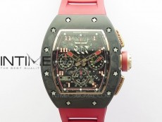 RM011 RG Case Carbon Bezel Chronograph KVF 1:1 Best Edition Skeleton Dial Red/RG on Red Rubber Strap A7750
