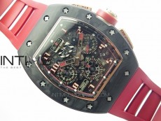RM011 RG Case Carbon Bezel Chronograph KVF 1:1 Best Edition Skeleton Dial Red/RG on Red Rubber Strap A7750
