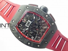 RM011 Carbon Case Carbon Bezel Chronograph KVF 1:1 Best Edition Skeleton Dial(Red Inner Bezel) on Red Rubber Strap A7750